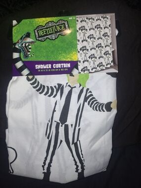 Beetlejuice Shower Curtain - Black & White with Green Accents